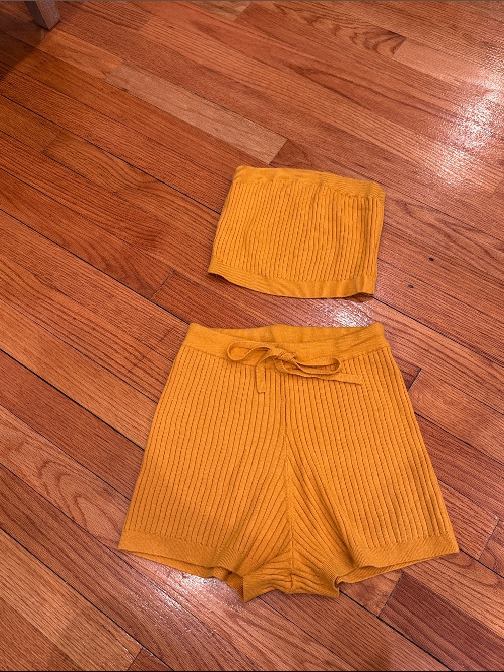 Lovers + Friends Ribbed Bandeau Tube Rop & High-Waist Shorts Set in Mustard